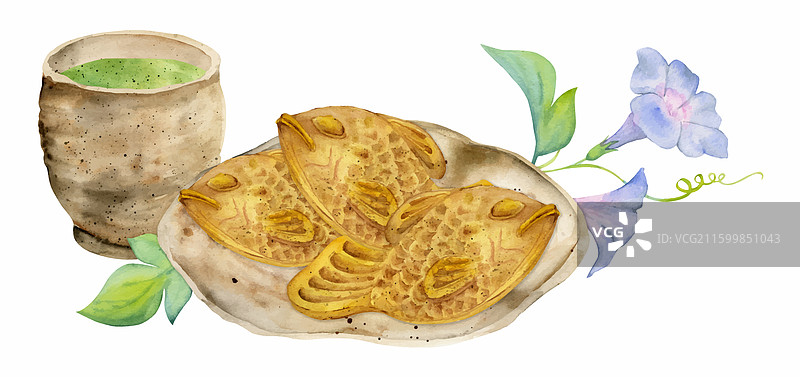 手绘水彩日式传统点心图片素材