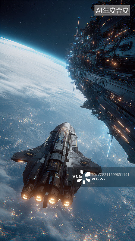 【AI数字艺术】太空飞船飞越地球与空间站图片素材