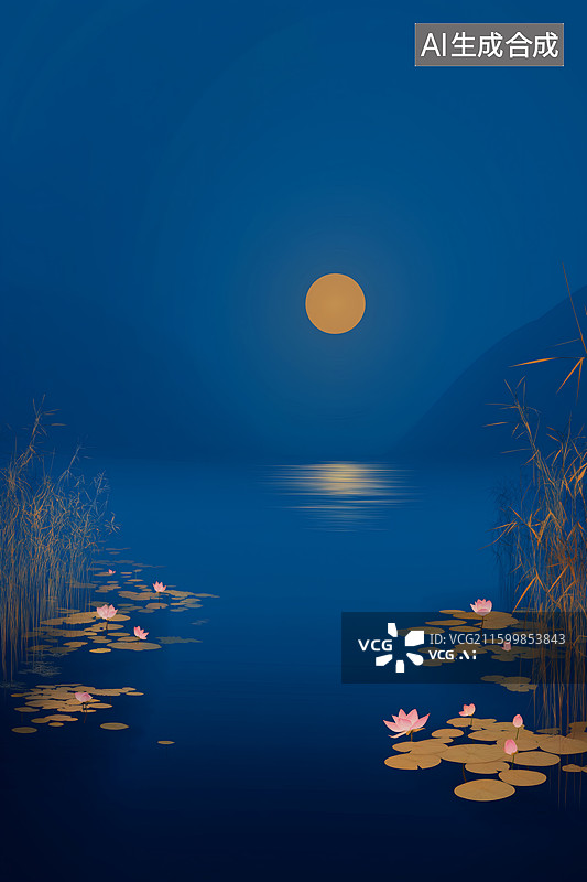 【AI数字艺术】月夜莲池：静谧的夜空下，莲花绽放图片素材