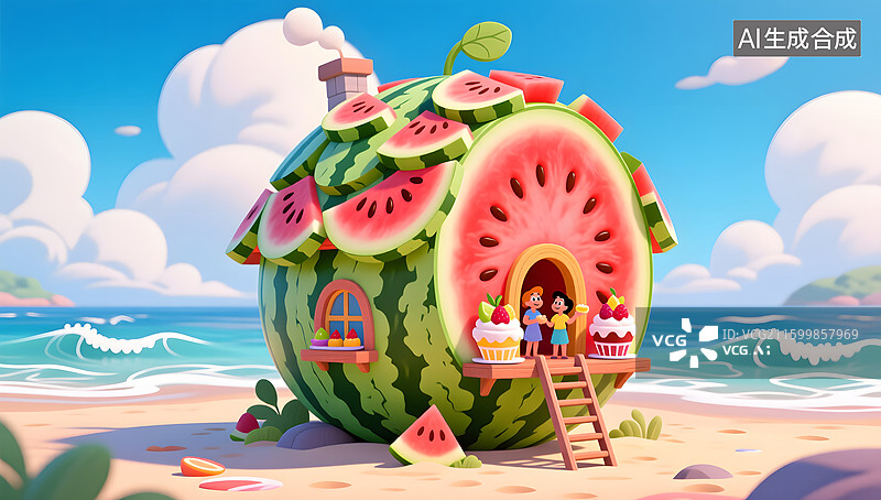 【AI数字艺术】夏至节气的3D西瓜屋插画图片素材