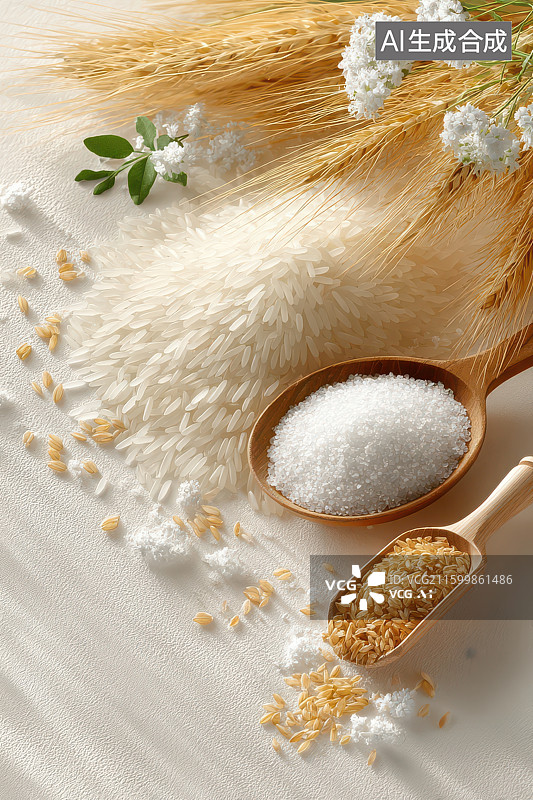 【AI数字艺术】木勺盛米小麦番茄薄荷冰块静物图图片素材