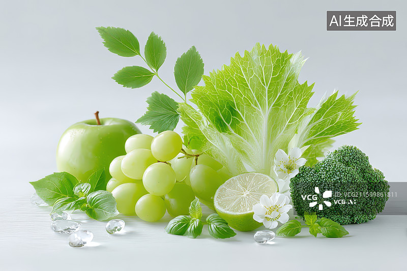 【AI数字艺术】青柠苹果青提西兰花生菜果蔬组合图片素材