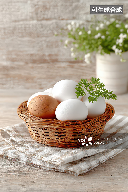 【AI数字艺术】编织篮鸡蛋欧芹条纹布家居静物图片素材