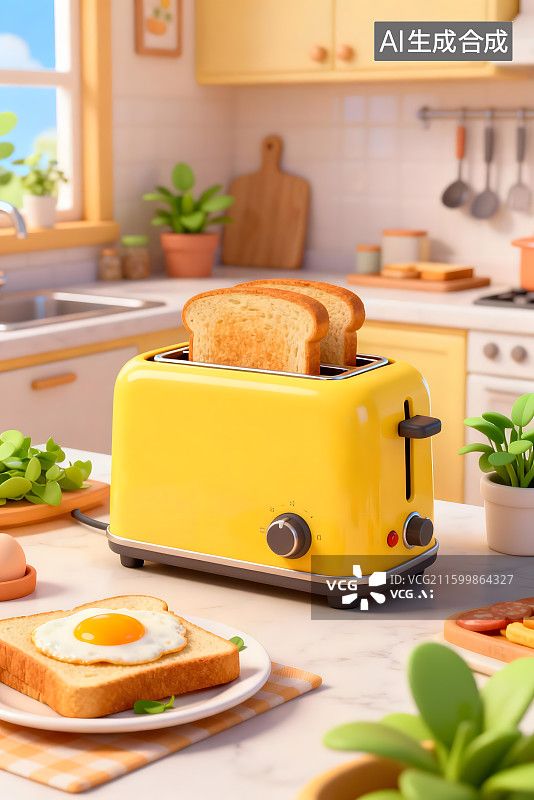【AI数字艺术】厨房中黄色烤面包机与早餐图片素材