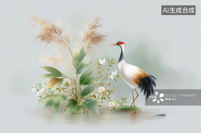 【AI数字艺术】白鹭树枝松针小花水墨风格画图片素材