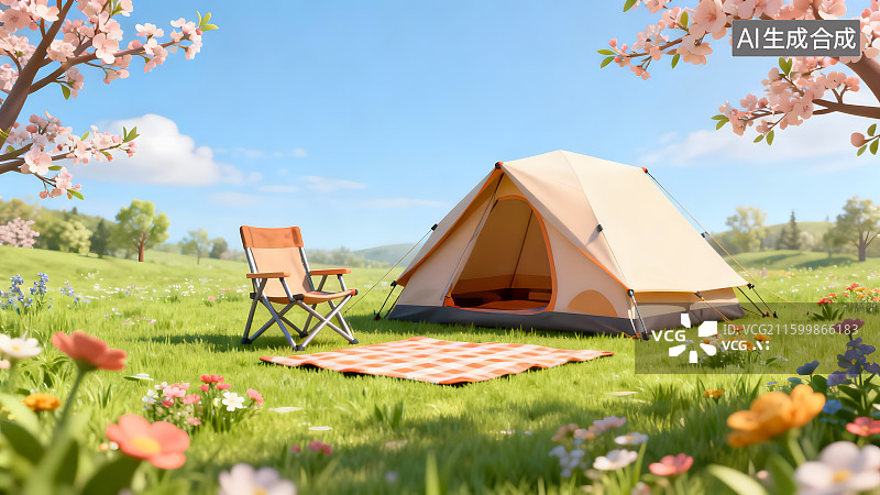【AI数字艺术】春日户外露营惬意场景图片素材