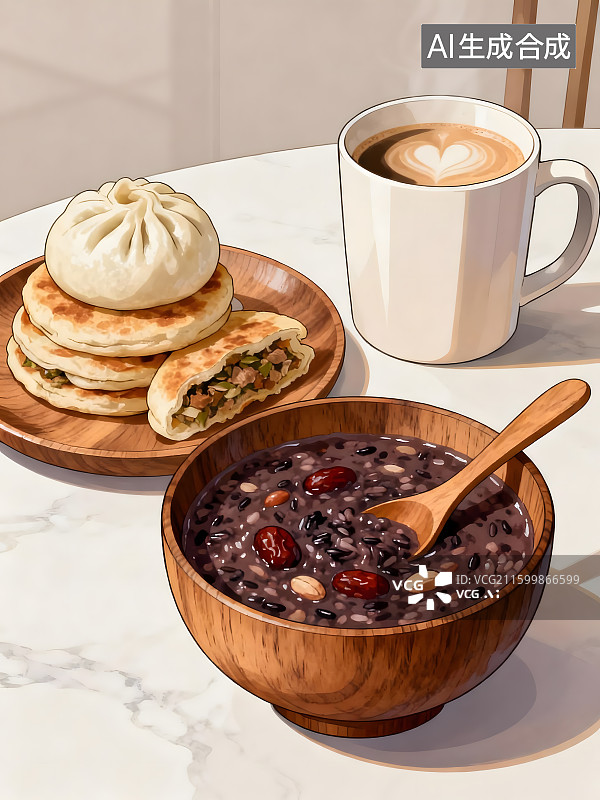【AI数字艺术】美味早餐包含粥包子和咖啡图片素材