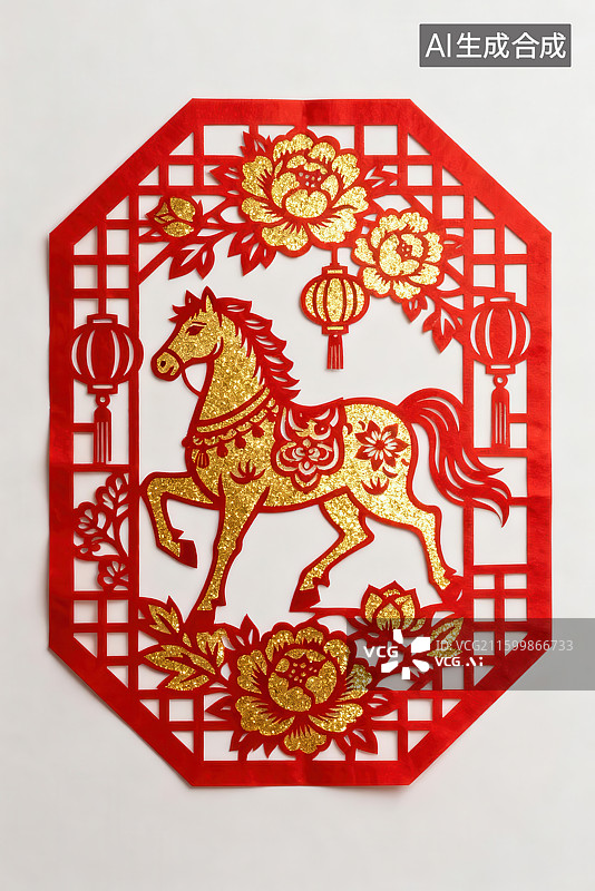 【AI数字艺术】红色剪纸马年装饰画图片素材