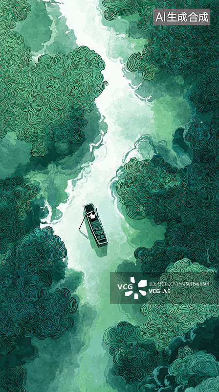 【AI数字艺术】小舟穿行于碧绿云雾间图片素材