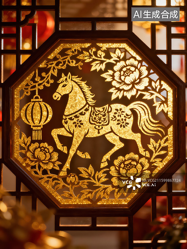 【AI数字艺术】金色镂空窗花马与灯笼图案图片素材