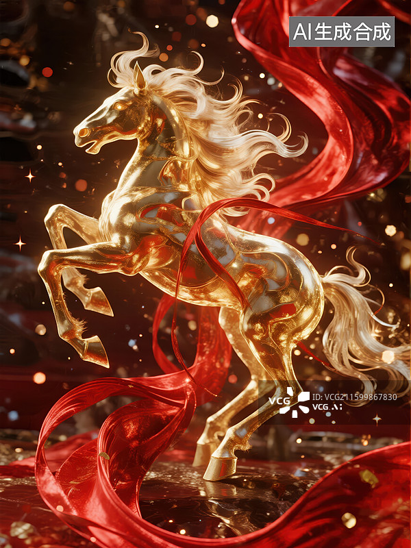 【AI数字艺术】金色骏马飞腾红色飘带图片素材