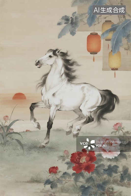 【AI数字艺术】骏马奔腾花灯映衬古典画卷图片素材