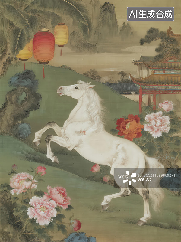 【AI数字艺术】古典画中白马跃动花丛间图片素材