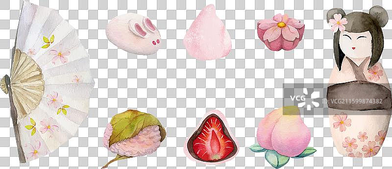 一套手绘水彩传统日式风格插画图片素材