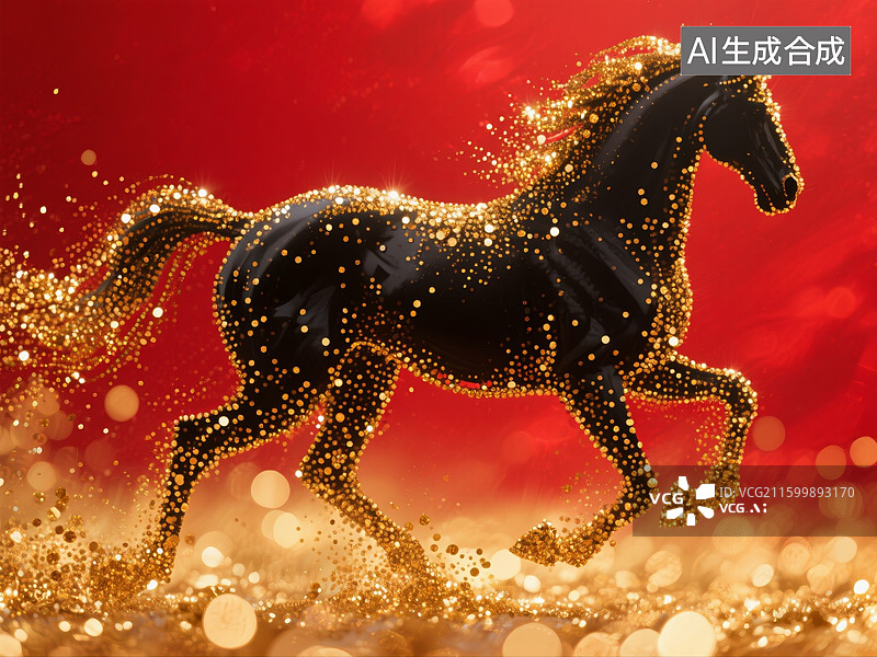 【AI数字艺术】红色背景上奔跑的马，黑马，十二生肖，马年，背景图，壁纸图片素材