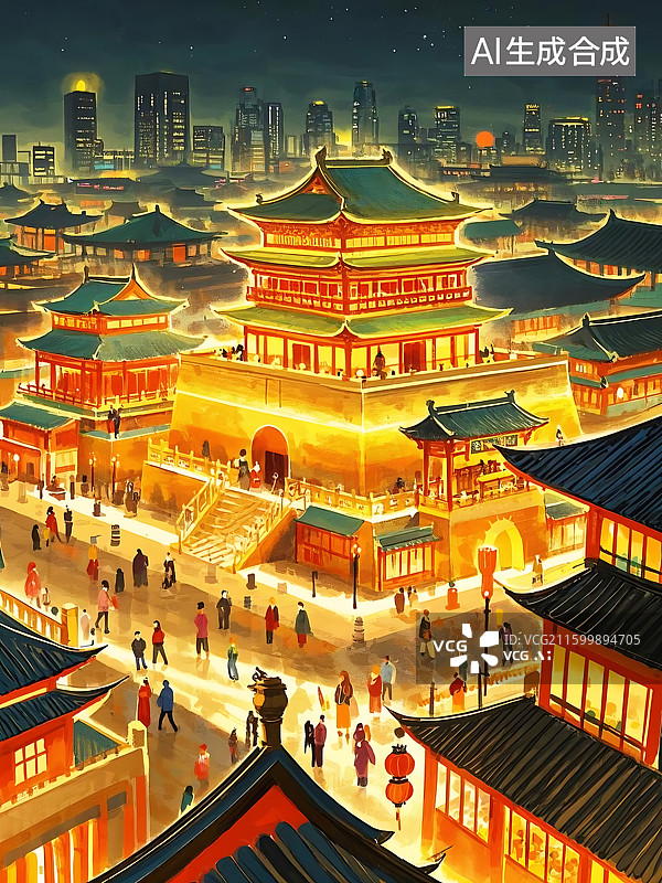 【AI数字艺术】夜幕下的中国古城图片素材