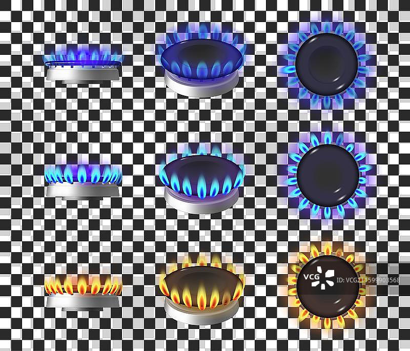 带有黄色和蓝色火焰的燃气灶正在燃烧图片素材