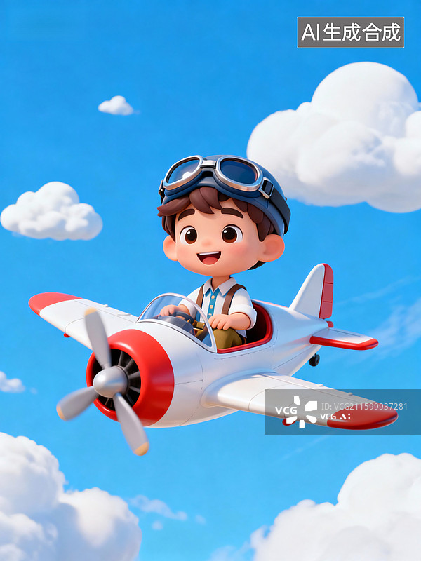 【AI数字艺术】3d卡通男孩驾驶小飞机图片素材