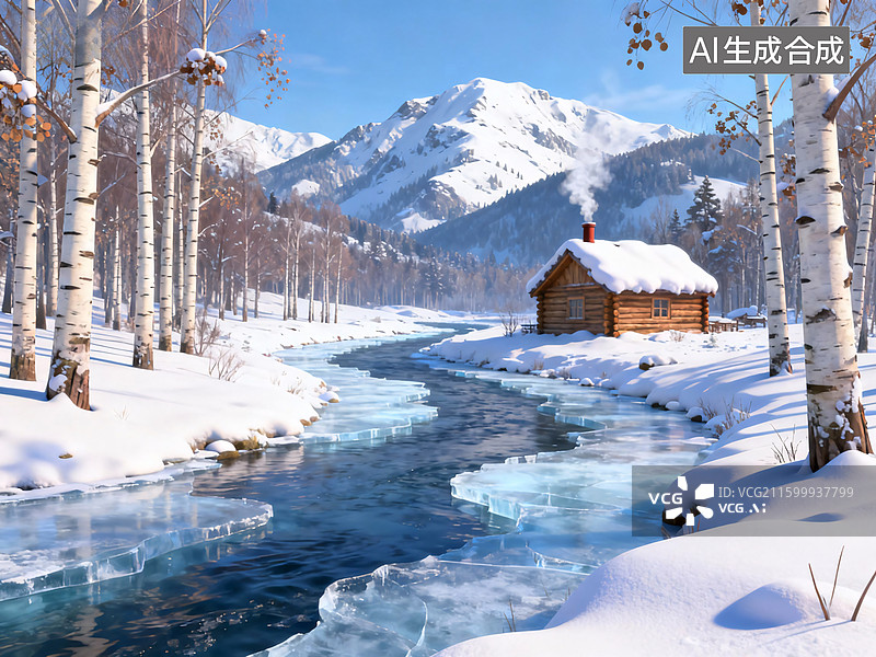 【AI数字艺术】冬日山林木屋雪景图片素材