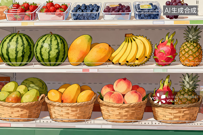 【AI数字艺术】货架上丰富的新鲜水果图片素材