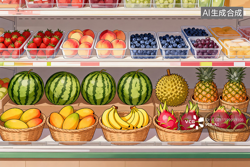 【AI数字艺术】超市货架上的各色新鲜水果图片素材