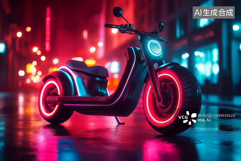 【AI数字艺术】霓虹灯下的未来电动摩托车图片素材
