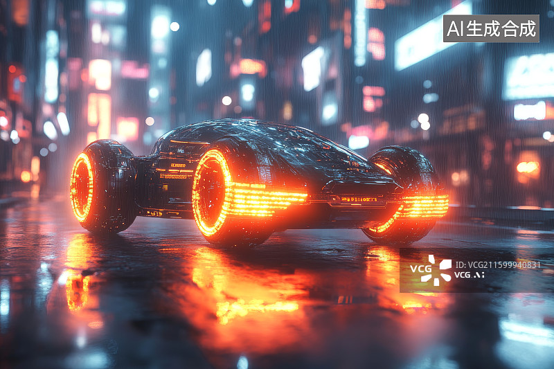 【AI数字艺术】未来科幻汽车在雨夜城市图片素材