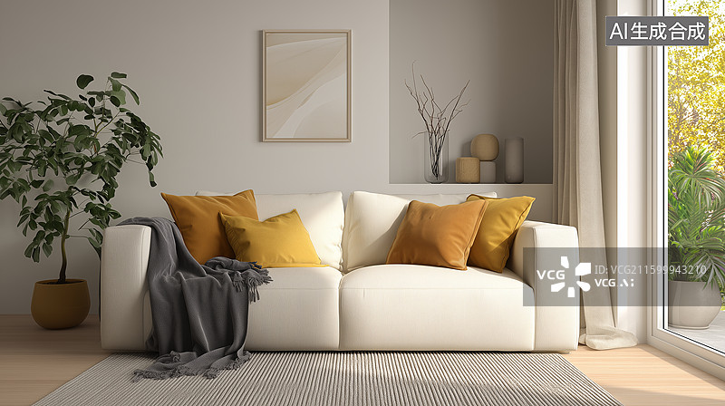 【AI数字艺术】北欧奶油色客厅图片素材