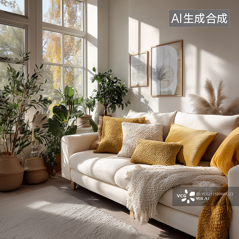 【AI数字艺术】北欧奶油色客厅图片素材