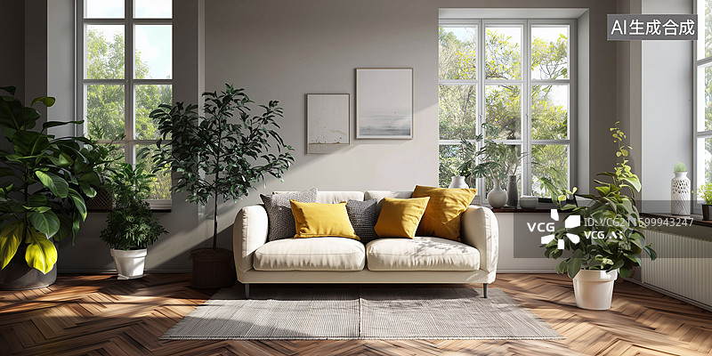 【AI数字艺术】北欧奶油色客厅图片素材