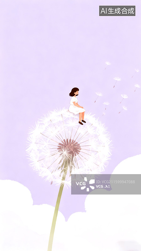 【AI数字艺术】【锁屏壁纸 治愈系插画】手机壁纸 留白 少女坐在蒲公英上面图片素材