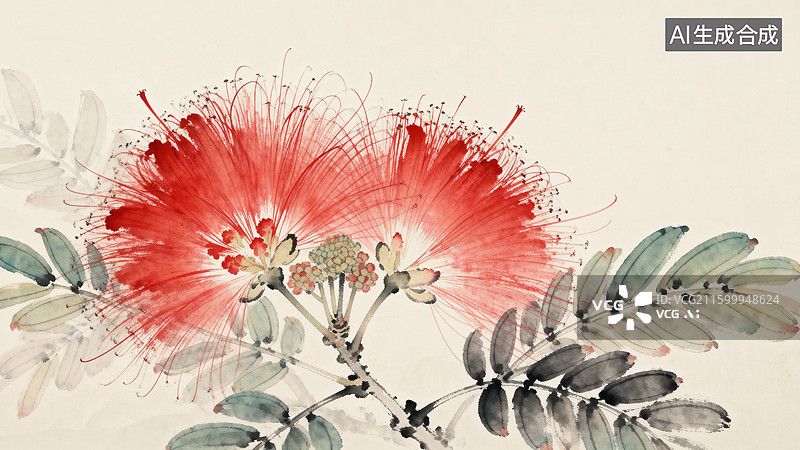 【AI数字艺术】水墨画合欢花写意图片素材