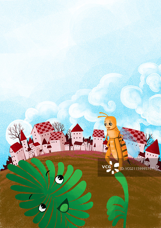 动物插画 儿童插画 站在树叶上含羞草上的蜜蜂图片素材