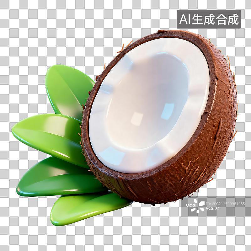 【AI数字艺术】带绿叶的新鲜椰子图片素材