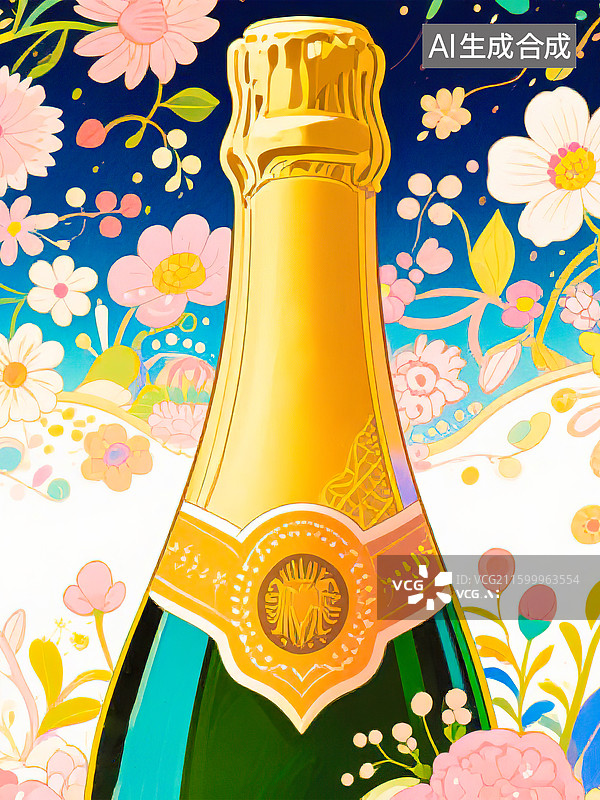 【AI数字艺术】香槟墨绿色玻璃酒瓶新国风新艺术装饰艺术风格花卉图案扁平手绘插画新年婚礼节日庆祝电商产品广告包装宣传图片素材