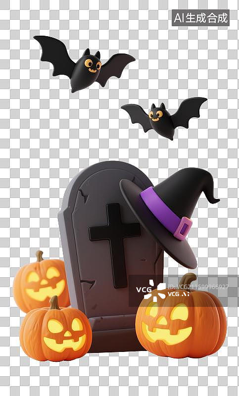 【AI数字艺术】3D三维万圣节十字架墓碑蝙蝠南瓜灯巫师帽元素图片素材