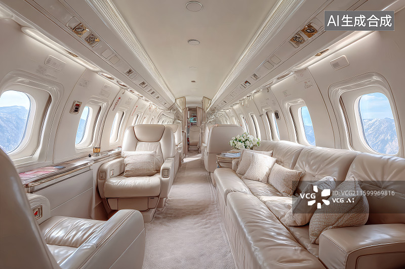 【AI数字艺术】豪华私人飞机内部空间，真皮沙发，舒适体验图片素材