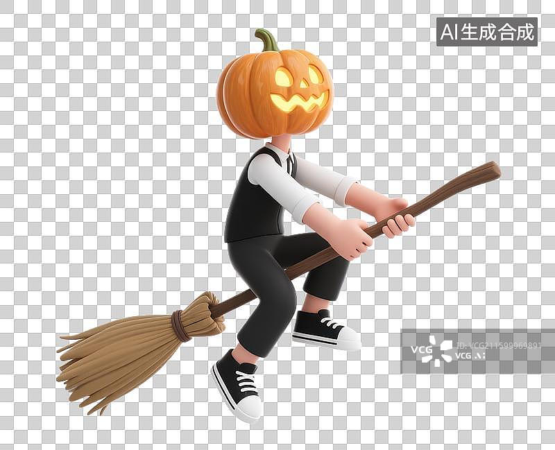 【AI数字艺术】3D三维万圣节南瓜灯骑着飞天扫把元素图片素材