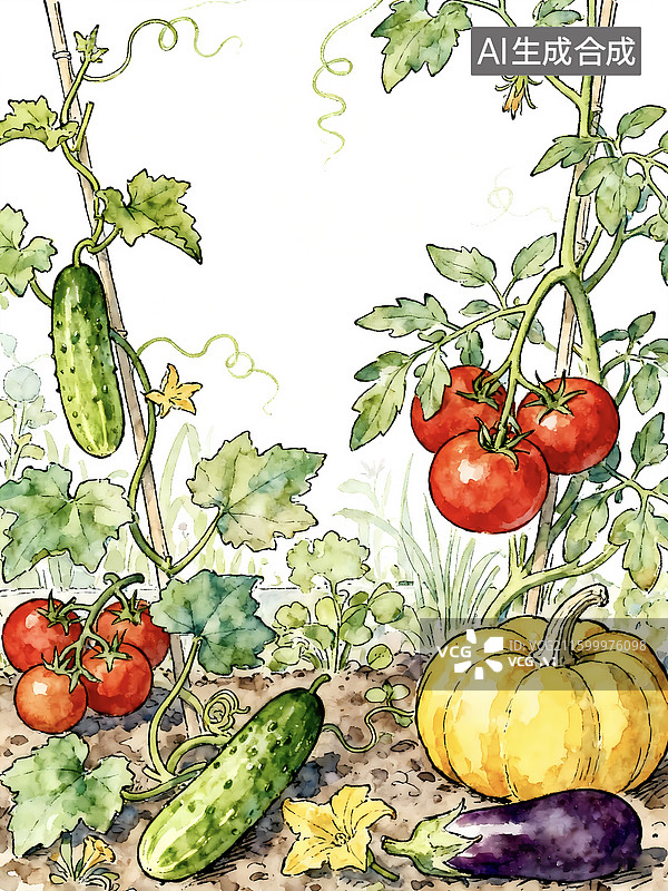 【AI数字艺术】田园风菜园采摘蔬菜插画图片素材