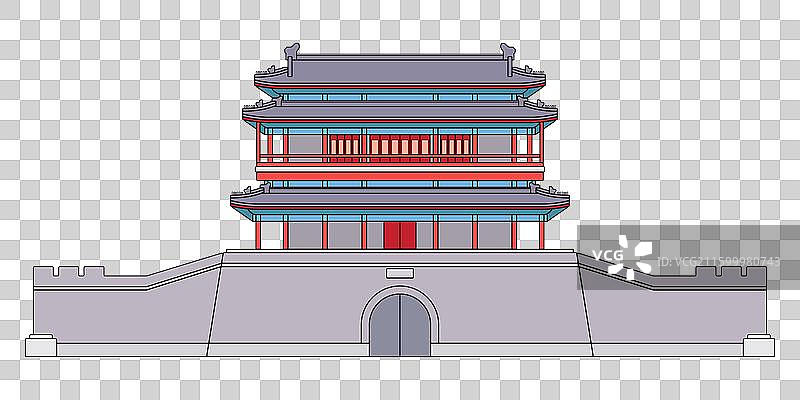 永定门城楼正阳外门永安门永昌门北京中轴线南端起点世界遗产名录城市古建筑地标新国风扁平简约动漫风格插画图片素材