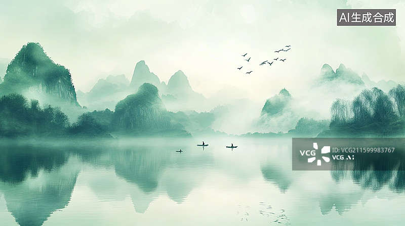 【AI数字艺术】山水雾湖倒影图片素材