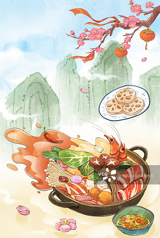手绘水彩中国风之鸳鸯锅火锅食物治愈系竖图背景图片素材