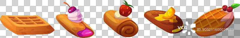 孤立的煎饼、可丽饼和甜华夫饼甜点图片素材