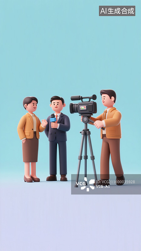 【AI数字艺术】记者节新闻拍摄采访工作劳动节现代职业形象西服正装团队很多人站立3D三维卡通角色彩色背景插画干净简约图片素材