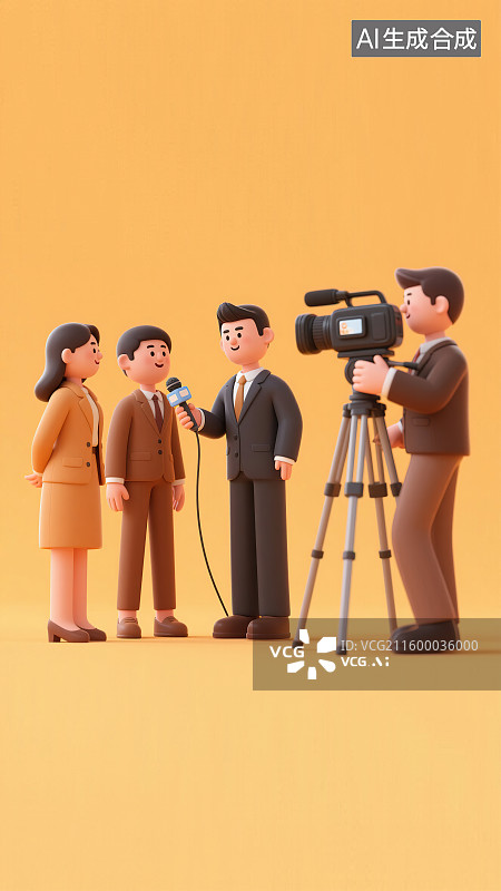 【AI数字艺术】记者节新闻拍摄采访工作劳动节现代职业形象西服正装团队很多人站立3D三维卡通角色彩色背景插画干净简约图片素材