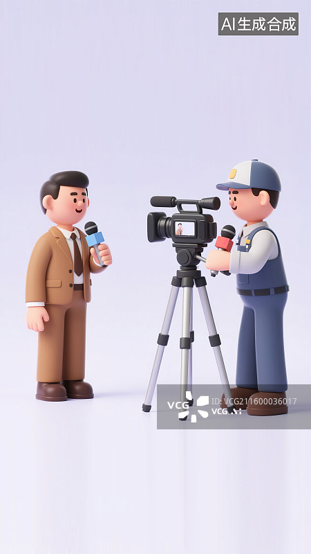 【AI数字艺术】记者节新闻拍摄采访工作劳动节现代职业形象西服正装团队很多人站立3D三维卡通角色彩色背景插画干净简约图片素材