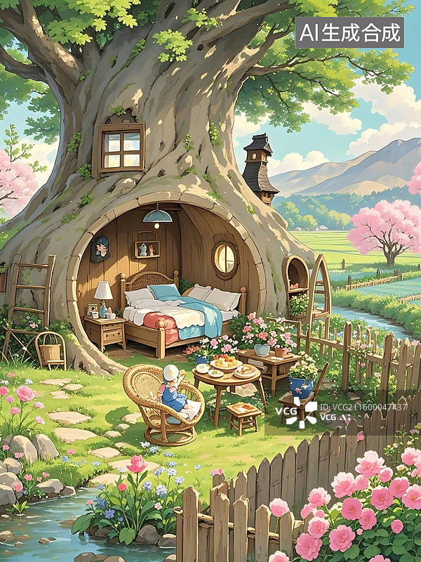 【AI数字艺术】树屋中的田园生活图片素材