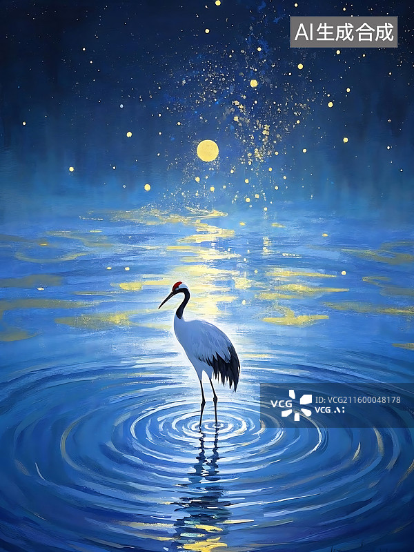 【AI数字艺术】月夜仙鹤湖面静谧图片素材
