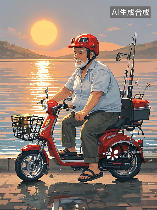 【AI数字艺术】夕阳下老人的摩托车图片素材