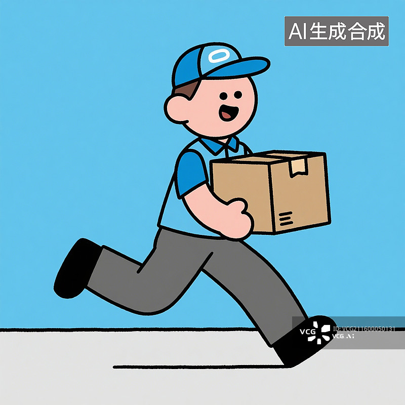 【AI数字艺术】手绘插画，卡通人物，拿着纸板箱的快递员的形象，物流，快递，仓储，货运，劳动节，购物节促销图片素材